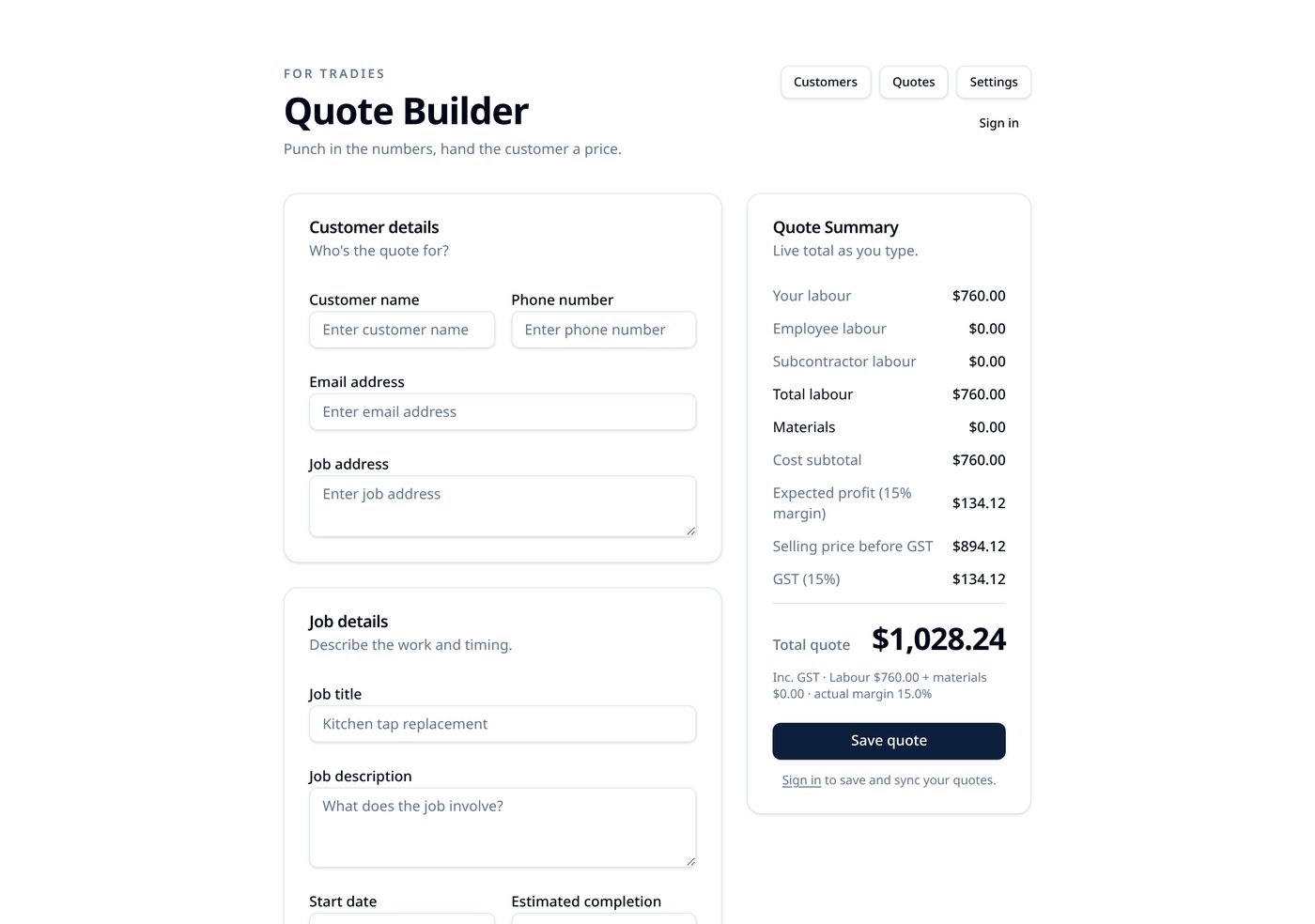 The QuoteHQ live Quote Summary showing labour, materials, profit and GST totals